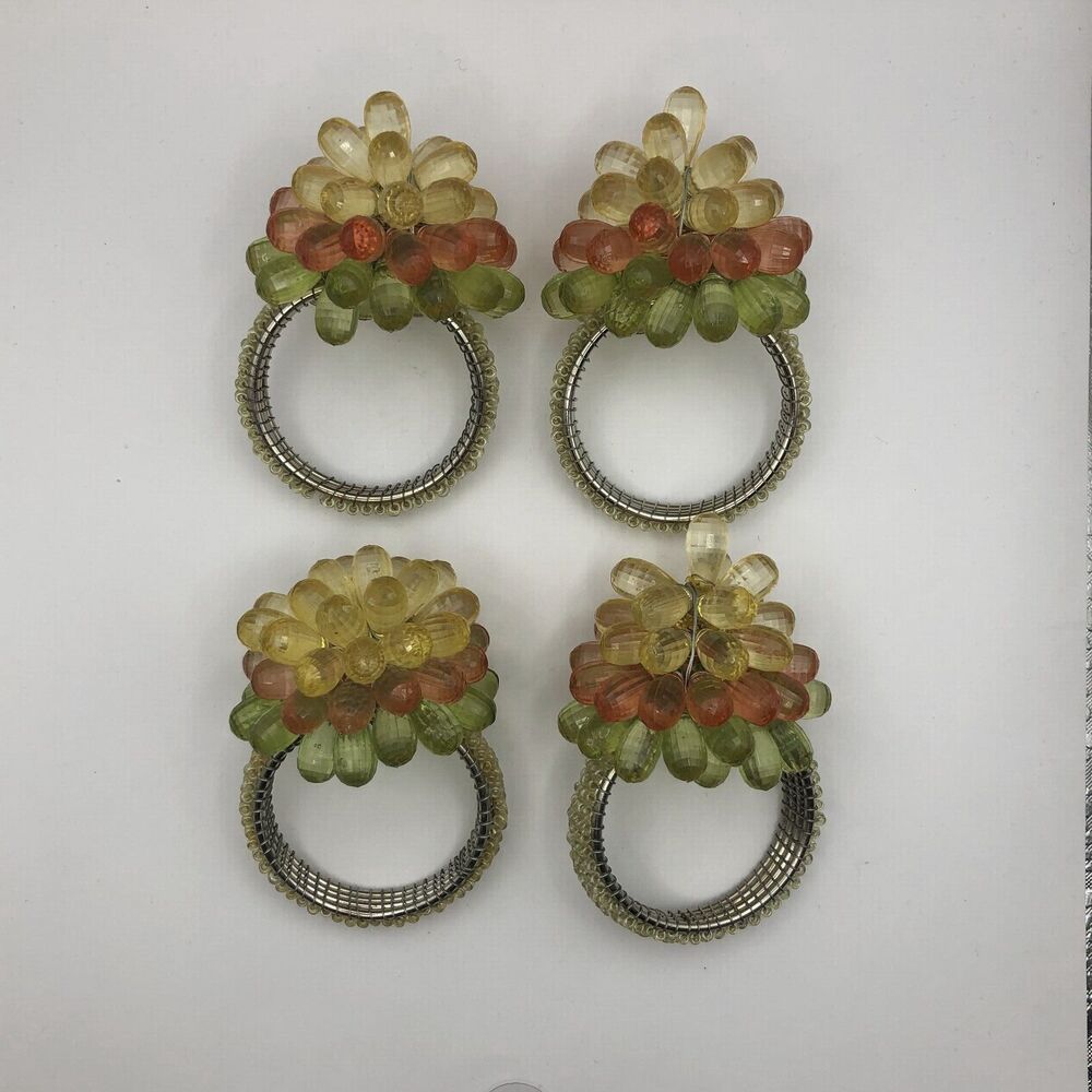 Beaded Floral Napkin Rings Set of 4 Multicolor Entertaining Dining